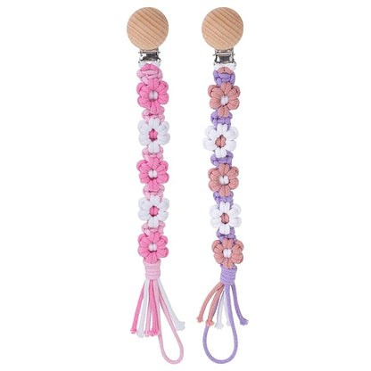 Pacifier Clip for Boys Girls Floral Daisy Macrame Baby Paci Clip Pacifier Holder Leash Boho Wooden Clips Handmade Braided Cotton Binky Clips (2pack:Pink Daisy & Lavender Style A)