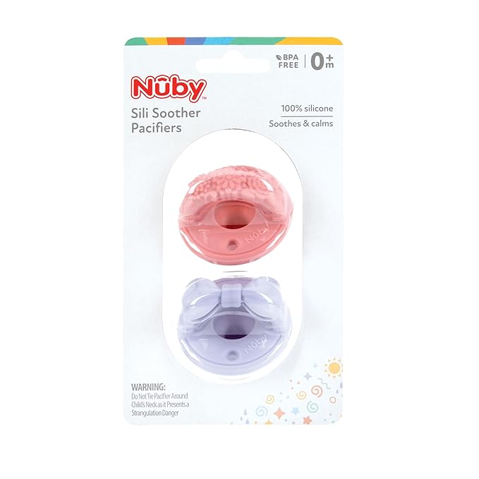 Nuby 3-D Sili Soother Pacifiers with Soft Handle and Two Safety Air Holes, 2 Pack, 0+ Months, Purple Bow and Pink Flowers