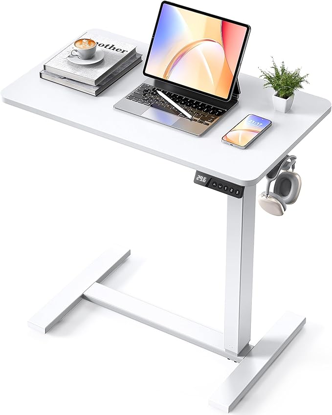 Electric Adjustable Height Standing Desk - Small Sit Stand Portable Rolling Laptop Table with Hidden Wheels, Small Computer Workstation for Bedside & Home Office Use (28"x16", White)