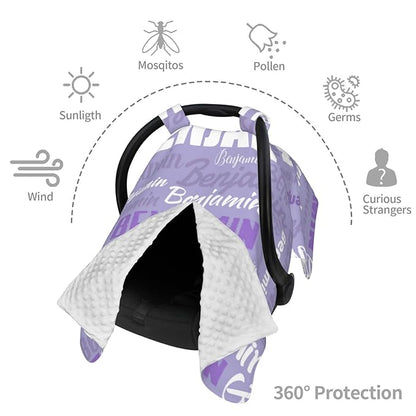 Personalized Baby Car Seat Canopy for Babies, Custom Name Baby Car Seats Covers for Boys Girls, Opening Minky Nursing Breastfeeding Cover for Infant, Carseat Canopies for Newborn (Light Purple)