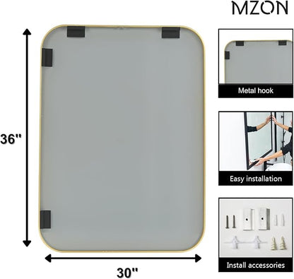 MZON 30x36 Inch Large Brushed Gold Vanity Mirror, Rectangle Bathroom Mirrors for Over Sink, Anti-Rust Frame & Tempered Glass, Hangs Both Ways - Perfect for Luxe Living Room or Bathroom Wall Decor