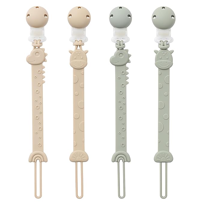 Pacifier Clips for Baby Boys Girls, One-Piece Silicone Pacifier Holder Strap 4 Pack, Binky Paci Clips Animal Rainbow Design, Lightweight Break-Resistant, Dishwasher Safe-Ivory+Sage