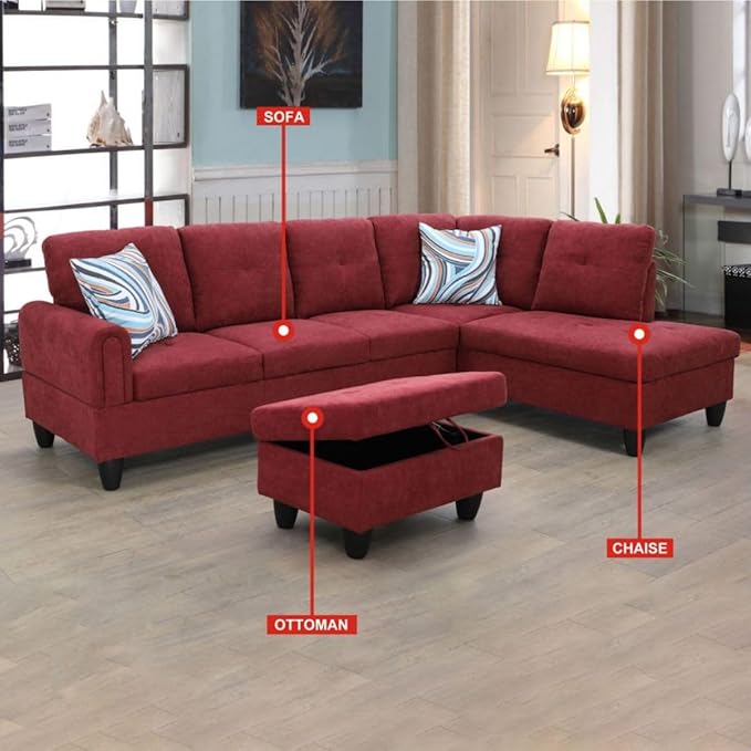 Red L-Shaped 3-Piece Flannel Sofa with Storage Ottoman Set, Sectional Couch Sofa Set for Living Room, Office, Small Space