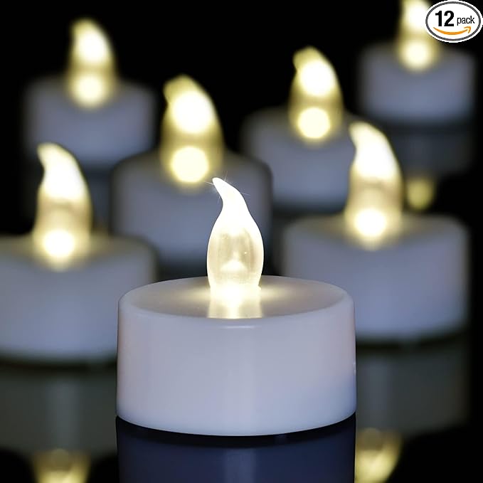 LED Tea Lights - 12 Pack Flameless Battery Operated Candles, 200+ Hours Flickering Warm White, Realistic Fake Tealights for Weddings, Home Decor, Parties, and Sweetest Day