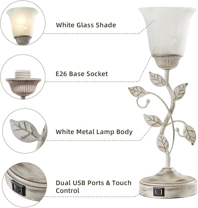 RORIANO Rustic Touch Table Lamp for Bedroom, 3-Way Dimmable Nightstand Lamp with 2 USB Ports, Retro Vintage White Glass Shade Leaf Desk Lamp for Living Room Entryway, LED Bulb Included