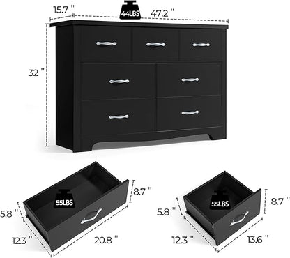 LINSY HOME 7 Drawers Dresser for Bedroom, 47" Wide Rustic Wood Dressers & Chests of Drawers, Modern Storage Dresser with Antique Handles for Closet, Living Room, Hallway, Black