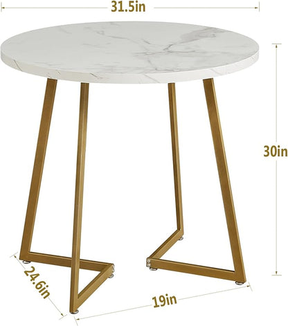 VECELO Round Dining Room Table with Wood Grain Tabletop and Steel Frame, for Kitchen, Living Room, Office, Conference, 2 to 4 Person, White & Gold