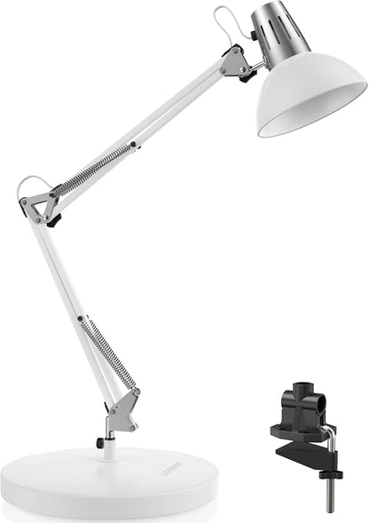 LEPOWER Metal Desk Lamp, Adjustable Goose Neck Architect Table Lamp with On/Off Switch, Swing Arm Desk Lamp with Clamp, Eye-Caring Reading Lamp for Bedroom, Study Room &Office (White)