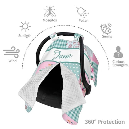 Personalized Baby Car Seat Canopy for Babies with Name, Custom Car Seat Covers for Girls, Floral Farm Nursing Breastfeeding Stroller Cover Infant Carseat Canopies for Newborn