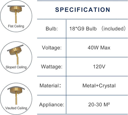 Depuley Modern Gold Sputnik Chandelier: 18-Light Large Crystal Glass Chandelier for Living Room - Kitchen Island Light Fixture Mid Century Hanging Lamp for Dining Room (Included G9 Bulbs)
