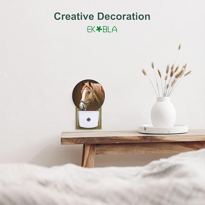 EKOBLA Watercolor Horse Plug-in Night Light, Brown Horse Wildlife LED Nightlight with Dusk to Dawn Auto Sensor for Bedroom, Bathroom & Hallway