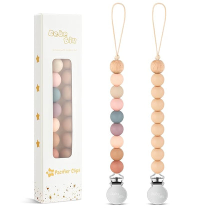 2 Pack Pacifier Clips, Silicone Pacifier Clip for Baby Boys and Girls, Baby Pacifier Strap with Silicone Beads, Soother Dummy Holder, Pacifier Holder, Keeps Pacifier Clean (Blossom/Apricot)