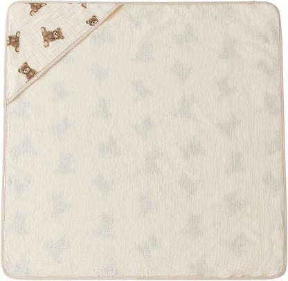 Little Jump Hooded Baby Towels for Newborn - 2 Pack 100% Cotton Muslin Baby Bath Towel, Soft and Absorbent for Boys Girls Infant, Large 32x32 Inches (Teddy Bears & Khaki)