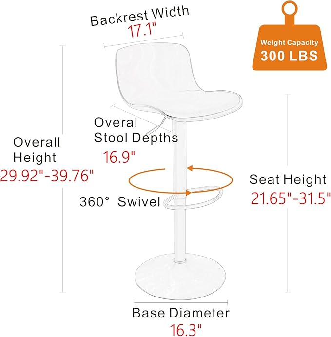 YOUTASTE Black Bar Stools Set of 2 Counter Height Bar Stool Upholstered Adjustable Swivel Metal High Back Bar Chairs PU Soft Cushion for Home and Kitchen