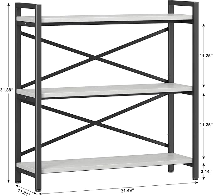 Homeiju 3 Tier Bookshelf 31.49" Width, Wood and Metal Etagere Bookcase, Vintage Farmhouse Modern Wooden Big Book Shelf for Home Living Room Bedroom Office Storage(White)