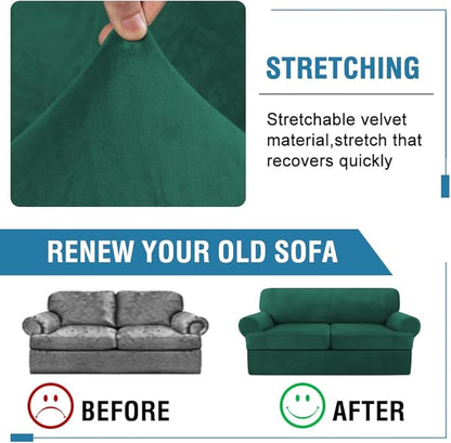 H.VERSAILTEX Sofa Cover 3 Piece T Cushion Loveseat Slipcovers Thick Velvet Couch Cover Stretch T Cushion Sofa Covers for 2 Cushion Couch with 2 Individual T Cushion Covers, Vintage Green
