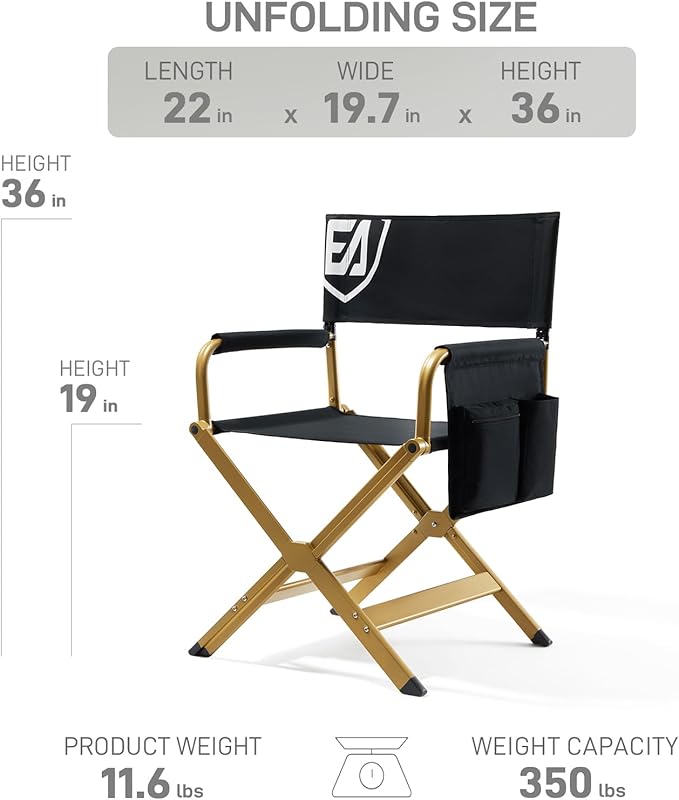 EVER ADVANCED Aluminum Directors Chair, Folding Studio Movie Chairs Camping Event Vendor Chair, 19" Seat Height Black Fabric/Golden Frame, Support 350lbs