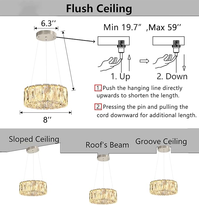 HAIXIANG Modern Crystal Chandelier Dimmable LED 8 Inch Ring Pendant Lights Adjustable Glam Chandeliers Lighting Fixtures for Dining Room Living Room Bedroom Silver Light
