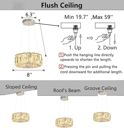 HAIXIANG Modern Crystal Chandelier Dimmable LED 8 Inch Ring Pendant Lights Adjustable Glam Chandeliers Lighting Fixtures for Dining Room Living Room Bedroom Silver Light