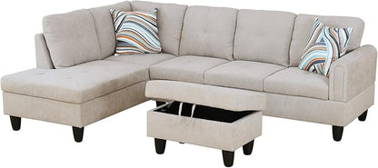 L Shaped Couch Modern Sectional Couch Upholstered Fluffy Fabric 3 Pieces Sofas for Living Room with Chaise, Storage Ottoman for Office and Small Apartment, Light Grey