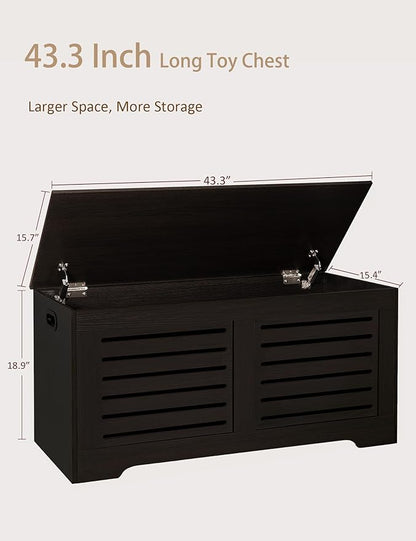 DINZI LVJ Storage Chest, 43.3” Wooden Toy Box with 2 Safety Hinges, Retro Entryway Shoe Storage Bench with Flip-Top, Sturdy Large Storage Trunk for Living Room, Bedroom, Easy Assembly, Espresso