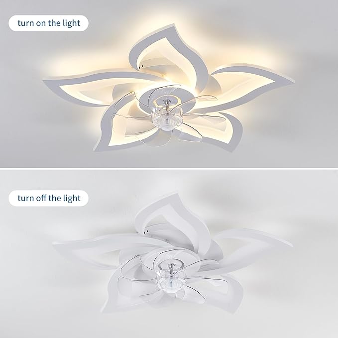 White Flower Modern CeilingFans with Lights, Low Profile Ceiling Fan with Remote for Bedroom, Flush Mount Ceiling Fan with LED Dimmable Light,3-Colors, 6-Speeds, Timing CeilingFan Light