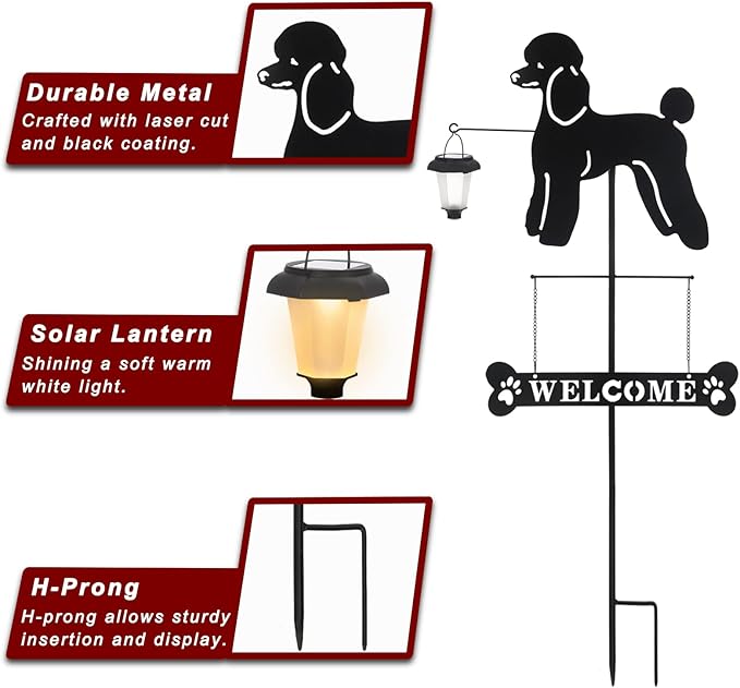 BAYN Solar Poodle Garden Stakes Decorative with a Lantern Dog Silhouette Welcome Sign Outdoor Garden Decor for Yard, Lawn, Patio, Pathway