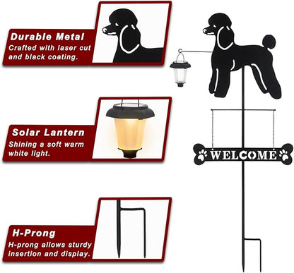 BAYN Solar Poodle Garden Stakes Decorative with a Lantern Dog Silhouette Welcome Sign Outdoor Garden Decor for Yard, Lawn, Patio, Pathway
