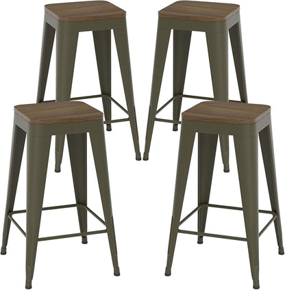 24 inch Backless Bar Stools Set of 4, Indoor Metal Bar Stools with Wood Seat, Industrial Counter Height Barstools for Kitchen Island, Rusty