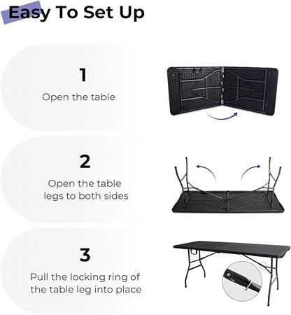 Folding Table 6ft Portable Heavy Duty Plastic Fold-in-Half 6 Foot Foldable Table Utility Dining Indoor Outdoor with Carrying Handle for Camping Picnic and Party, Black
