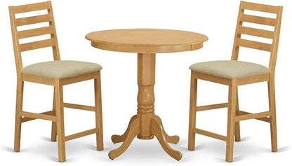 East West Furniture JACF3-OAK-C 3 Piece Kitchen Counter Height Dining Table Set Contains a Round Pub Table with Pedestal and 2 Linen Fabric Upholstered Chairs, 36x36 Inch, Oak