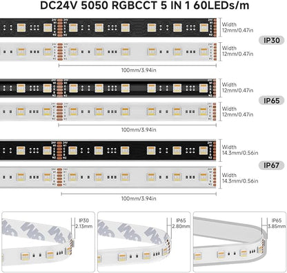 BTF-LIGHTING RGBCCT 5 Colors in 1 LED 5050SMD RGBWW RGB+Dimmable Tunable Color Temperature 2700K-6500K 16.4ft 60LEDs/m 300LEDs DC24V Multi-Colored Tape Lights IP67 White PCB(No Adapter or Controller)