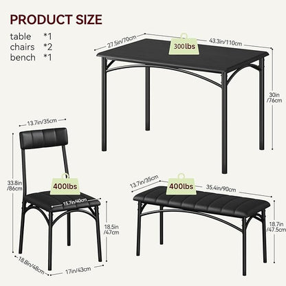 GarveeHome Dining Table Set for 4, Kitchen Table with Upholstered Chairs and Bench, Wood Rectangular Dining Table and Chairs Set for Small Space, Apartment, Dinner, Rustic Black