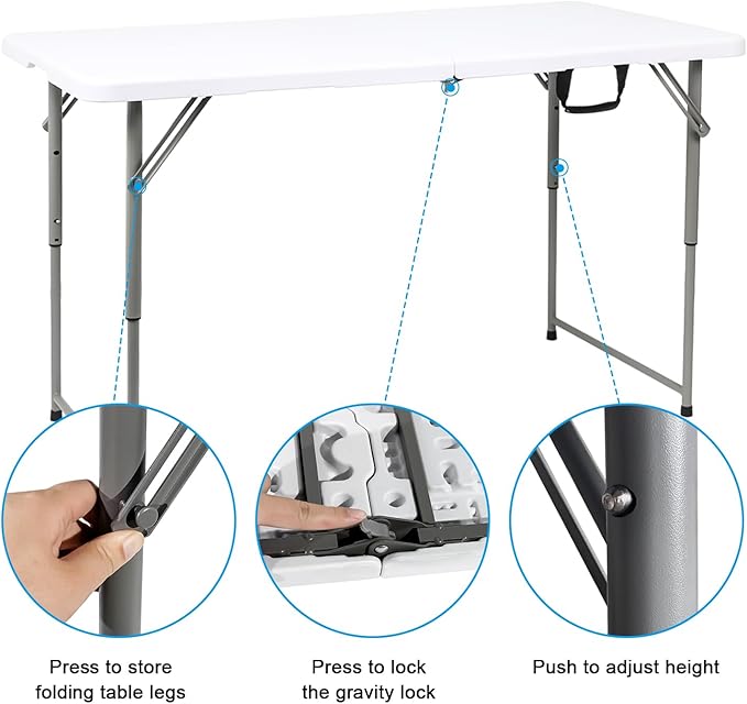 48" W x 24" D x 29.5" H - 4FT Adjustable Height Heavy Duty Plastic Fold-in-Half Foldable Table，White Portable Folding Table with Carrying Handle for Camping & Party