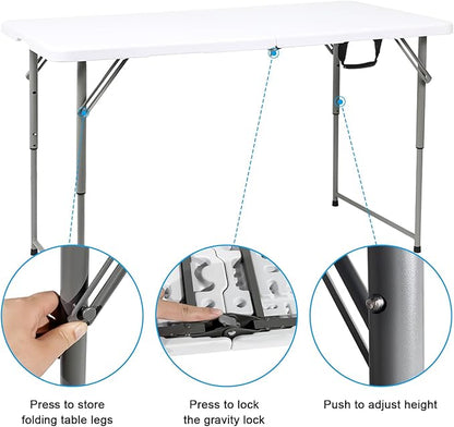 48" W x 24" D x 29.5" H - 4FT Adjustable Height Heavy Duty Plastic Fold-in-Half Foldable Table，White Portable Folding Table with Carrying Handle for Camping & Party