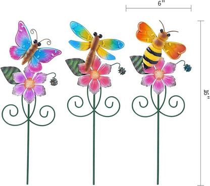 Topadorn Floral Garden Stakes Outdoor Plant Pick Waterproof Metal Flower Garden Stakes for Lawn Yard Patio,Pathway and Planter Pot Decor,Set of 3,Bee,Butterfly and Dragonfly