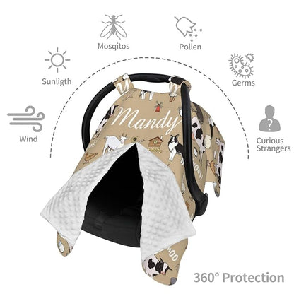 Custom Baby Car Seat Canopy for Babies with Name, Personalized Farm Animals Baby Car Seats Covers for Boys, Opening Minky Nursing Breastfeeding Stroller Cover Infant Carseat Canopies for Newborn