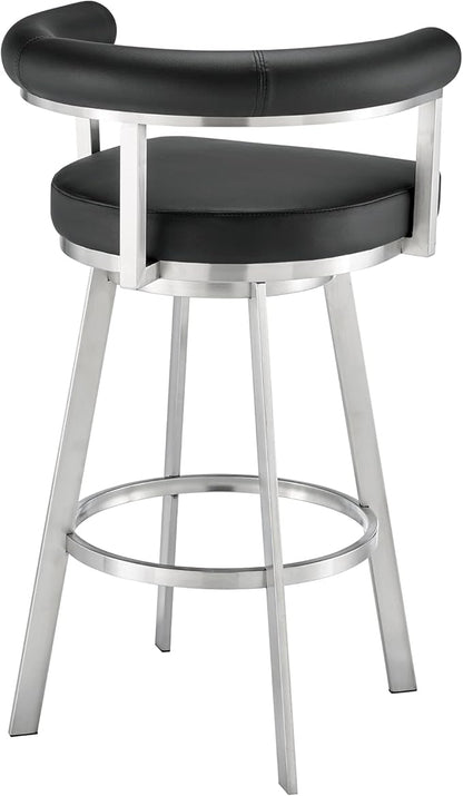 Armen Living Magnolia Swivel Bar Stool in Brushed Stainless Steel with Black Faux Leather