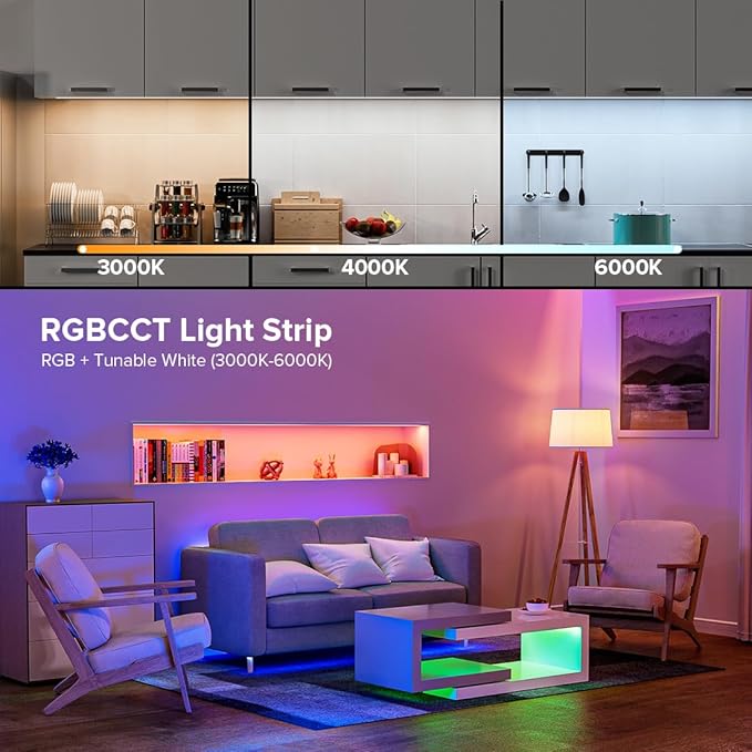 BTF-LIGHTING FCOB COB RGBCCT Color Changing LED Strip,UL Listed 960LED/m High Density 16.4FT RGB+Tunable White 3000K-6000K DC12V 12mm Width Flexible Light for Home Decor(No Adapter or Controller)