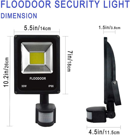 30W LED Motion Sensor Light Outdoor Safety Waterproof 12-24V AC/DC IP66 Super Bright Floodlight, 6000K, Daylight White, 150W Bulb Equivalent, 2700LM, PIR Intelligent Sensor Light (No Plug)