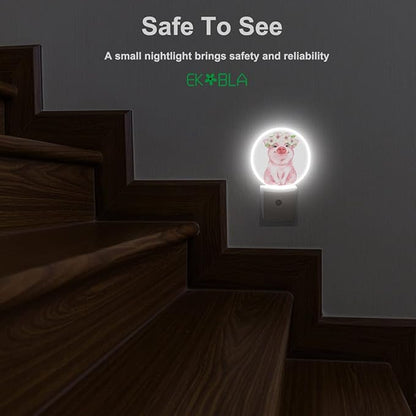 EKOBLA Pig Plug-in Night Light, Cute Pink Piggy & Floral Wreath LED Nightlight with Sensor, 0.5W Sleep Friendly for Gifts