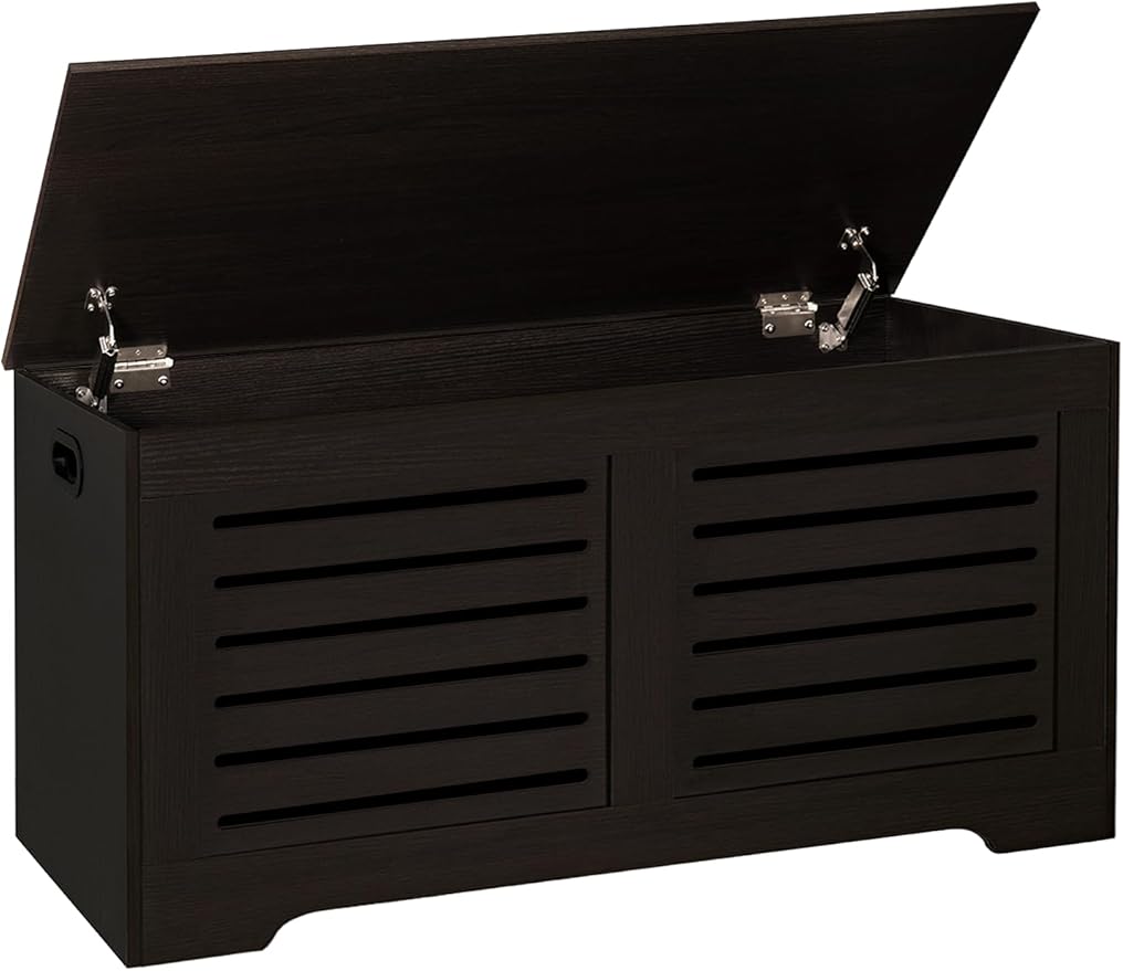DINZI LVJ Storage Chest, 43.3” Wooden Toy Box with 2 Safety Hinges, Retro Entryway Shoe Storage Bench with Flip-Top, Sturdy Large Storage Trunk for Living Room, Bedroom, Easy Assembly, Espresso