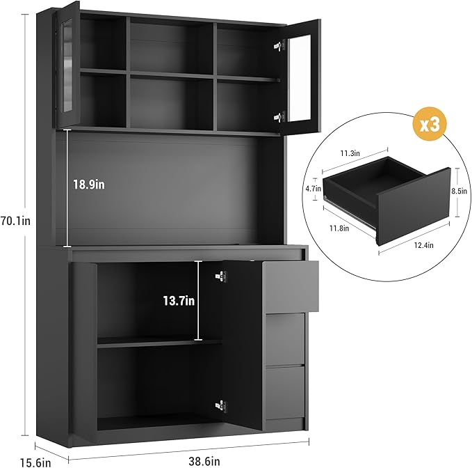 Garvee Kitchen Pantry Cabinet,71" Tall Storage Cabinet with Doors and Shelves Adjustable, Kitchen Storage Hutch with Microwave Shelf, Led Lights and Charging Station,Corner Pantry Cabinet, Black