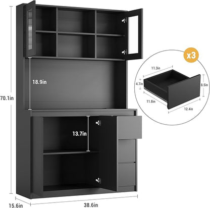 Garvee Kitchen Pantry Cabinet,71" Tall Storage Cabinet with Doors and Shelves Adjustable, Kitchen Storage Hutch with Microwave Shelf, Led Lights and Charging Station,Corner Pantry Cabinet, Black