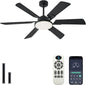 JSAITEE 52 Inch Low Profile Ceiling Fan with Lights, Remote & APP Control, 3CCT Dimmable, 6 Blades 6 Speed Ceiling Fans, Quiet Reversible DC Motor, Modern Black Ceiling Fan for Bedroom Living Room