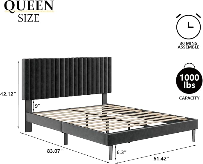 Queen Size Bed Frame with Velvet Upholstered Headboard, Platform Bed with Strong Wood Slats, Mattress Foundation, Box Spring Optional, Easy Assembly, Black