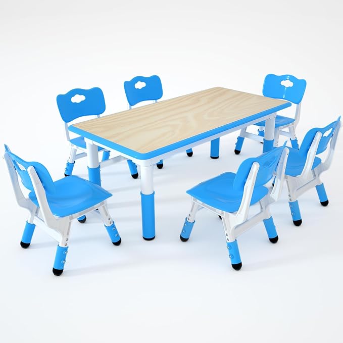 Kids Table and 6 Chairs Set，Height Adjustable Children Table & Chair，Toddlers Study Multi-Activity Table with 47.2"x23.6" Wipe-Clean Desktop，for Classrooms, Homes & Daycares