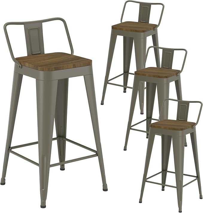 Rusty Bar Stools Set of 4, Metal Bar Stools with Wooden Seat, Modern 26”Counter Height Barstools with Low Back