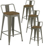 Rusty Bar Stools Set of 4, Metal Bar Stools with Wooden Seat, Modern 26”Counter Height Barstools with Low Back