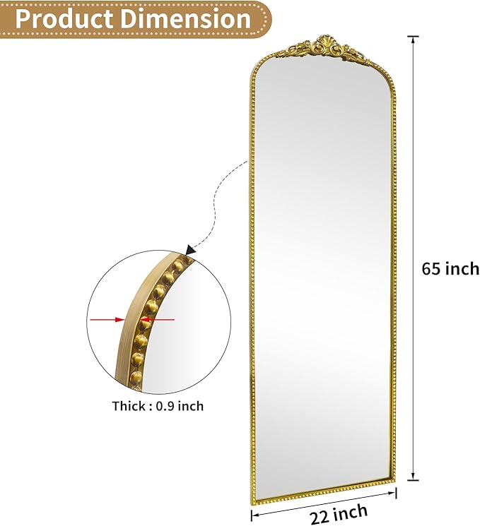 G-LEAF Vintage Full Mirror 22"X65", Victorian Antique Baroque Mirror with Brush Gold Ornate Metal Frame for Fireplace Entryway Living Room Hallway Bathroom